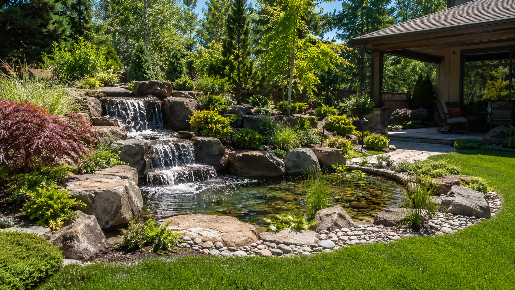 A refined backyard landscaping scene with stone, water, and layered planting