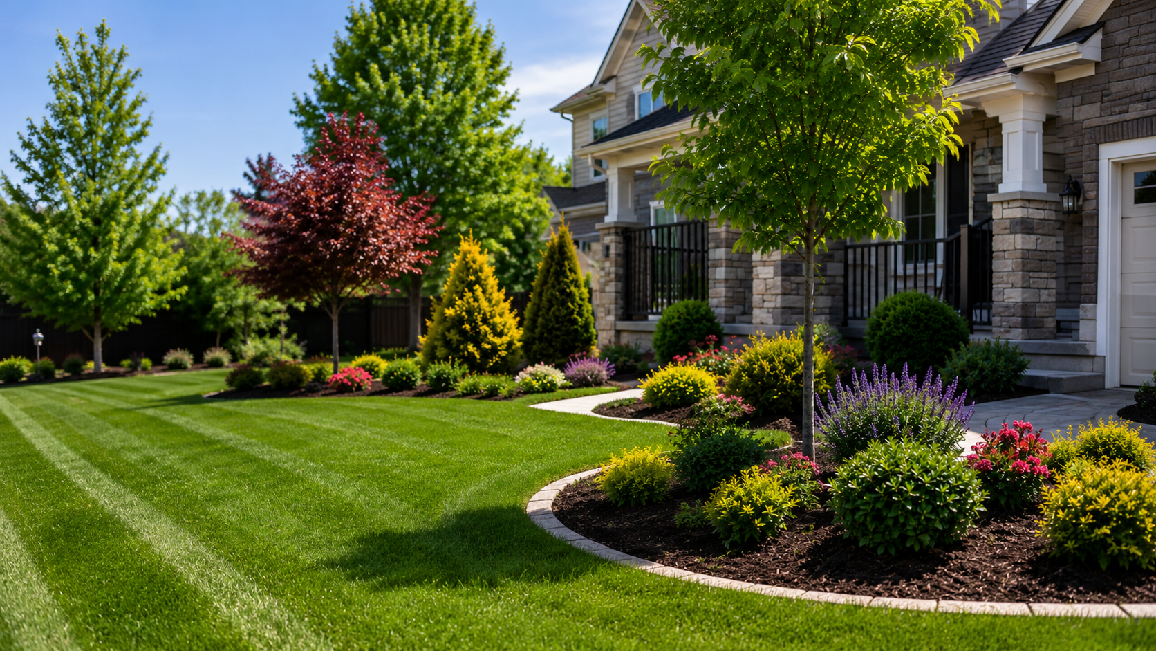 Completed front yard design with balanced hardscape and planting