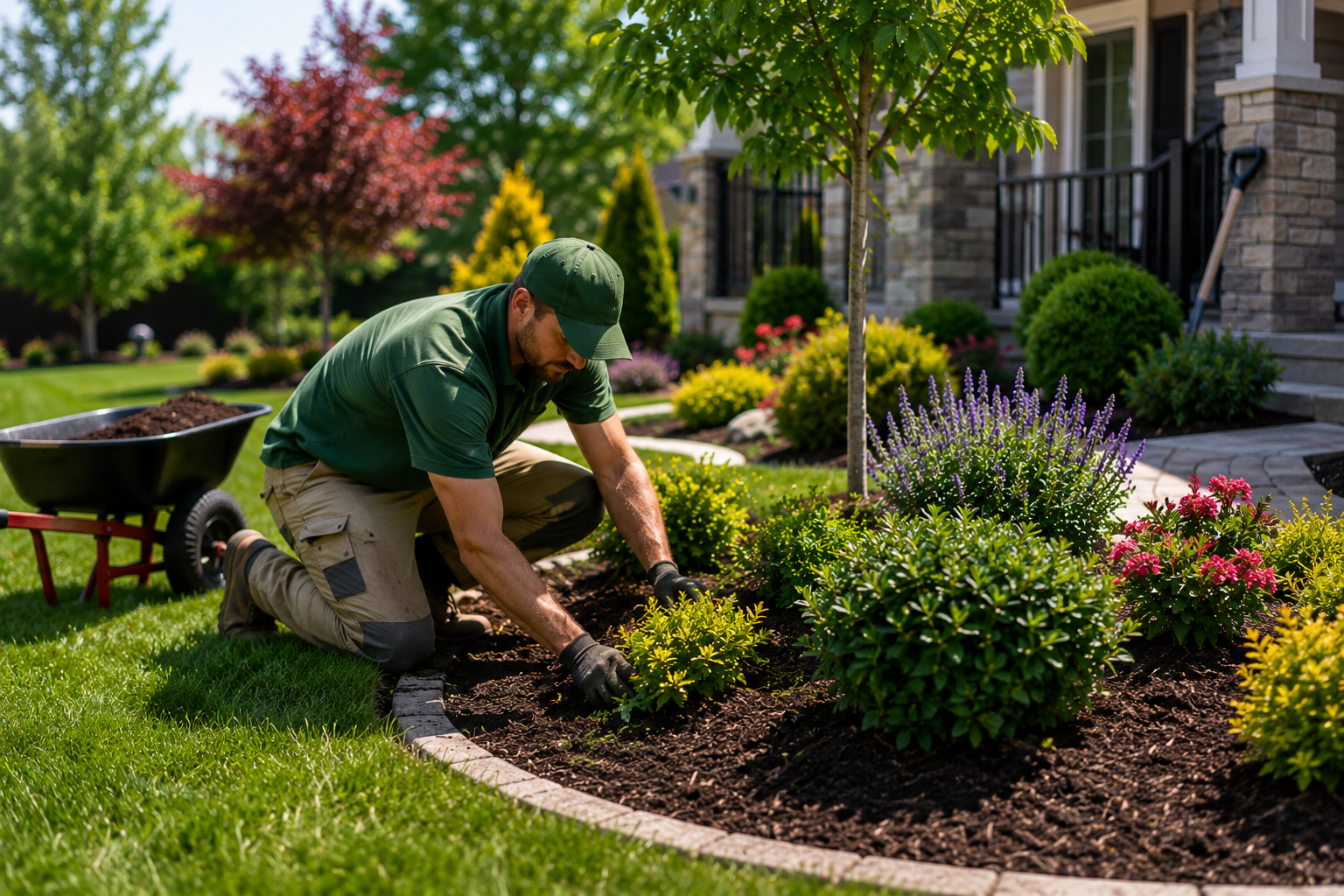 Flower bed installation work with soil, border, and fresh plants