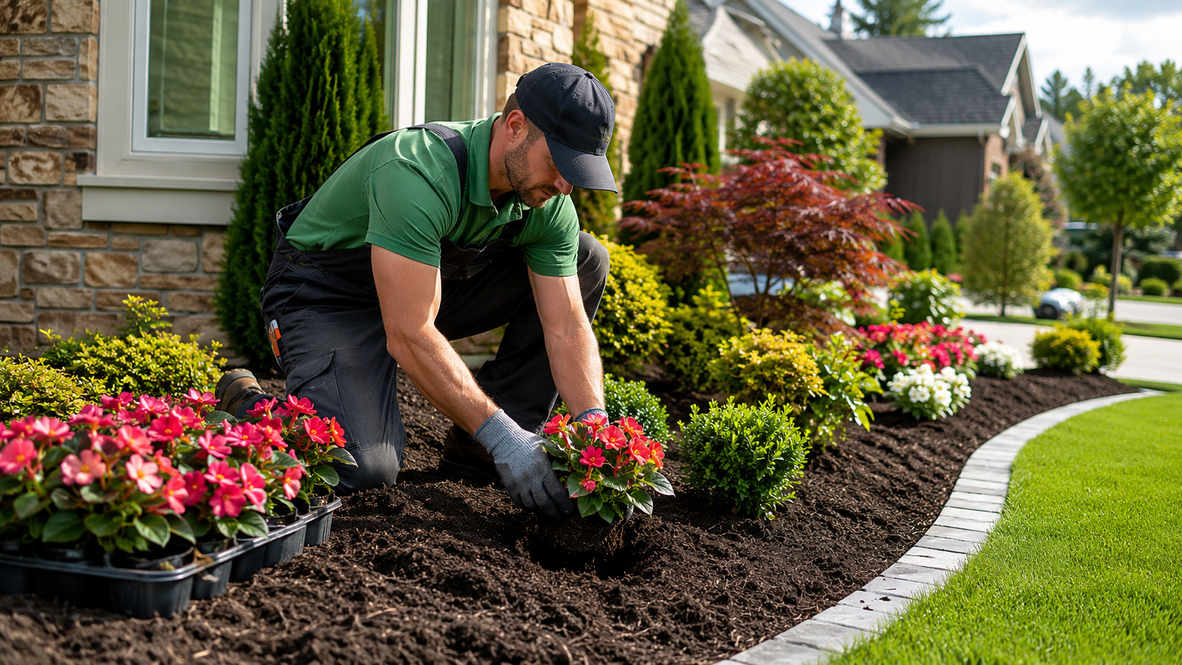 Stone edging installed along a front yard landscape bed