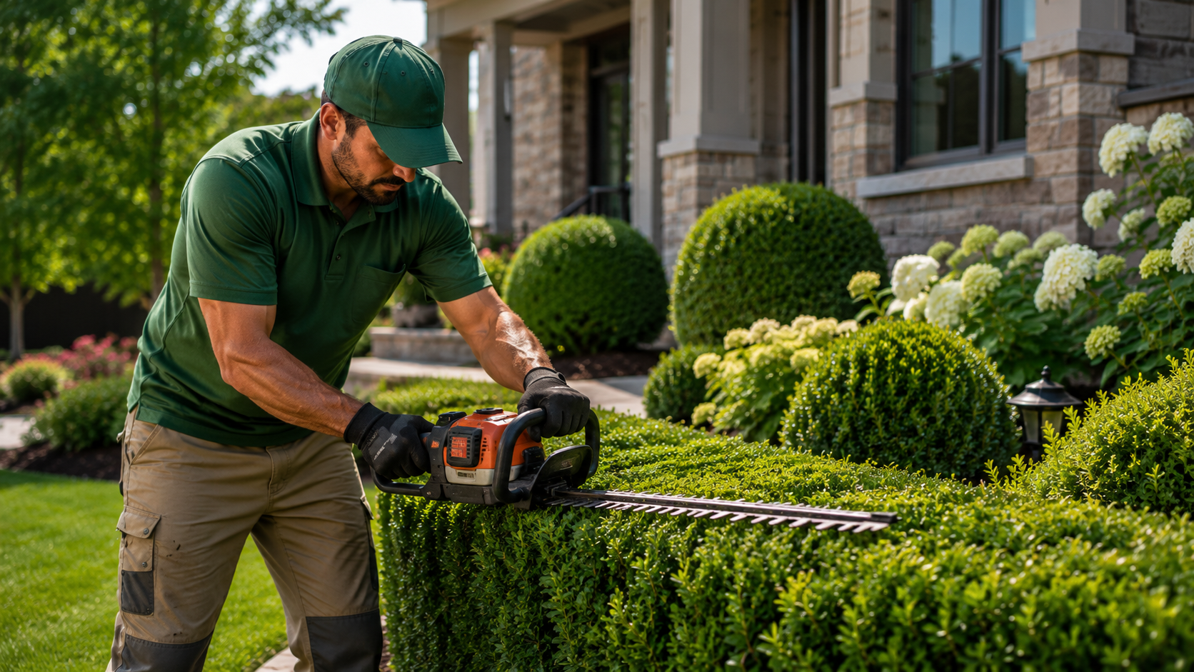 Hedge trimming with clean lines on a residential property